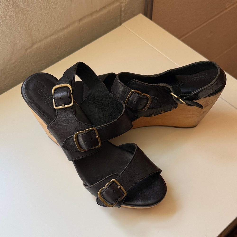 Madewell Black Leather Wedge Sandals with Buckles - Women's